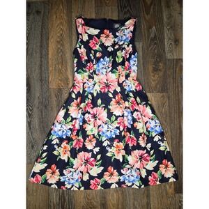 Vince Camuto Navy Blue Floral Sleeveless Fit and Flare Scuba Dress Size 8